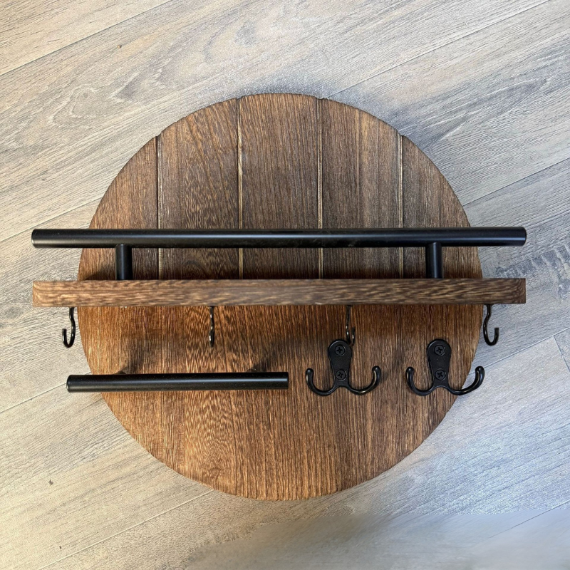 Modern Wall Key Holder | Round Wood Shelf With Hooks