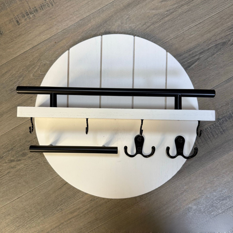 Modern Wall Key Holder | Round Wood Shelf With Hooks