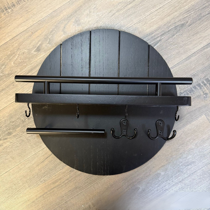 Modern Wall Key Holder | Round Wood Shelf With Hooks