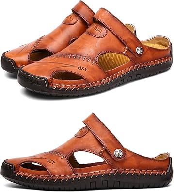 Men's Leather Summer Sandals – Closed Toe, Soft Sole, Outdoor Casual Beach Shoes