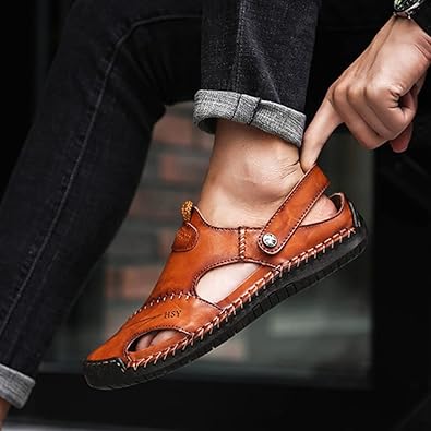 Men's Leather Summer Sandals – Closed Toe, Soft Sole, Outdoor Casual Beach Shoes