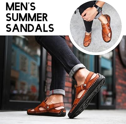 Men's Leather Summer Sandals – Closed Toe, Soft Sole, Outdoor Casual Beach Shoes