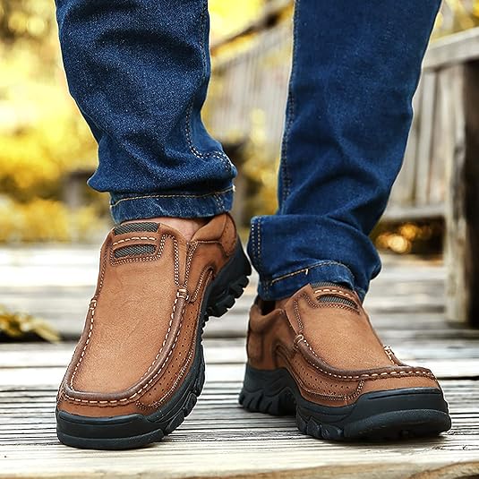 Men’s Leather Walking Sneakers – Breathable Handmade Loafers with Cushion Insole & Anti-Slip Sole
