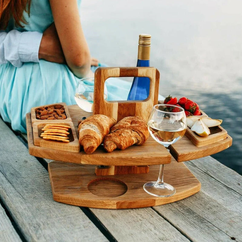 Portable Wine Table | Hardwood Serving Board With Glass Holders