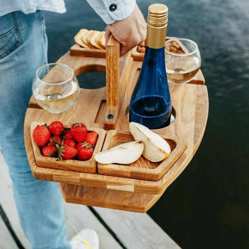Portable Wine Table | Hardwood Serving Board With Glass Holders