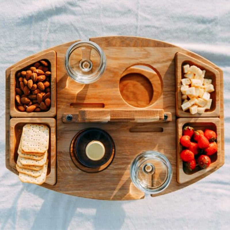 Portable Wine Table | Hardwood Serving Board With Glass Holders