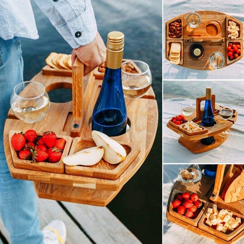 Portable Wine Table | Hardwood Serving Board With Glass Holders