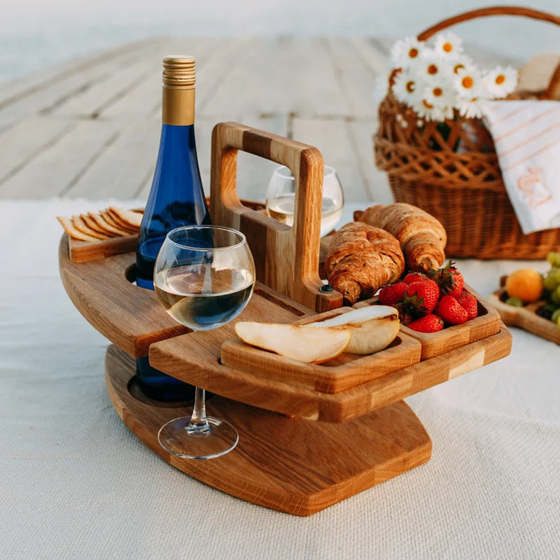 Portable Wine Table | Hardwood Serving Board With Glass Holders