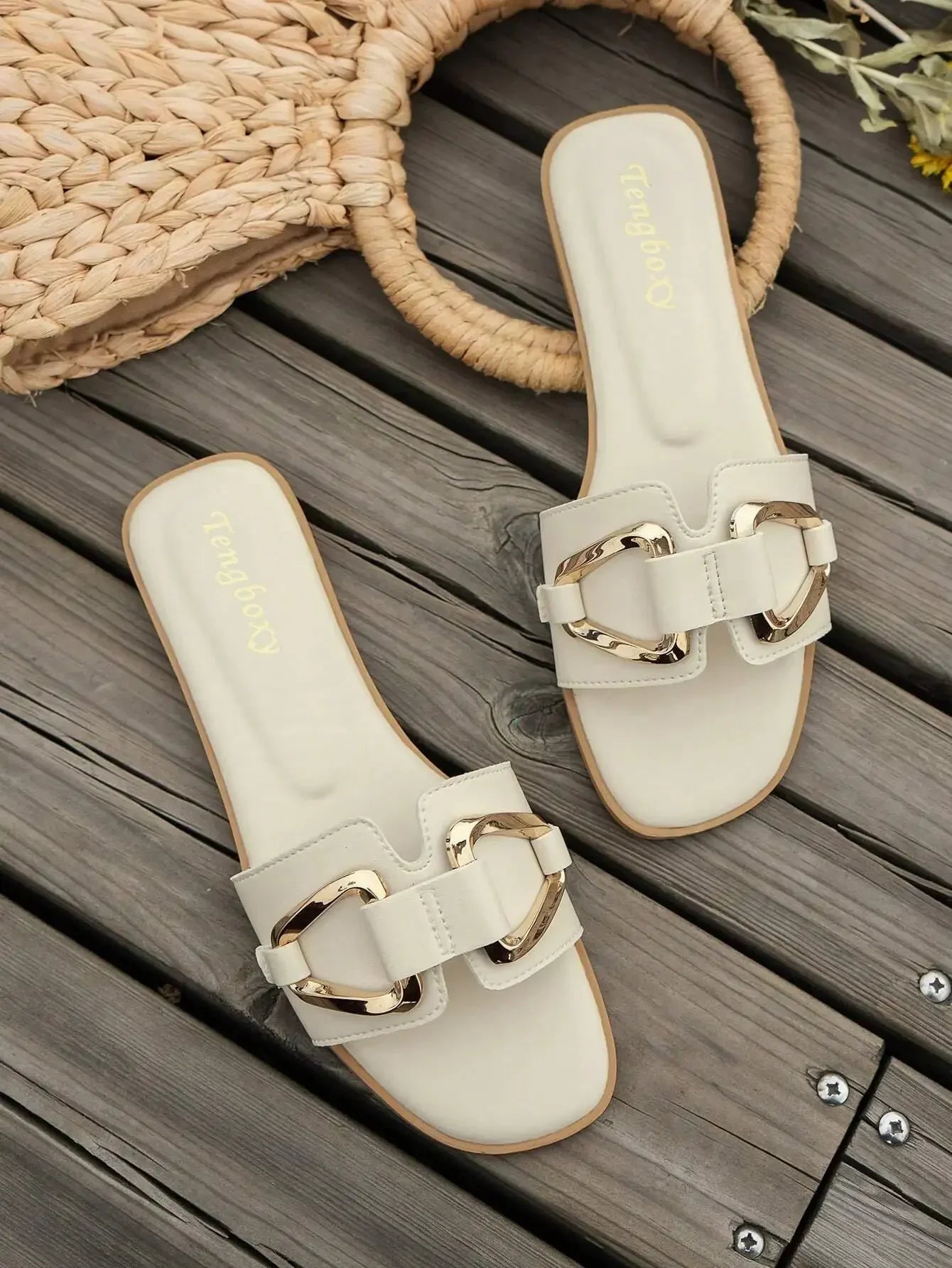 Women’s Flat Slide Sandals – Metal Decor, Open Toe