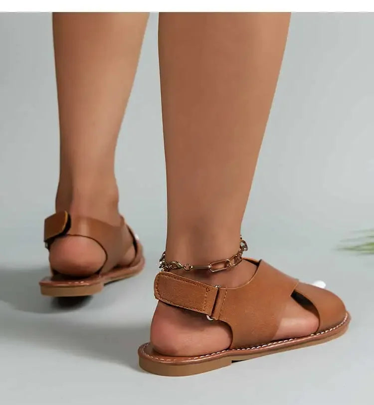 Women’s Summer Flat Sandals 2025 – Soft PU Leather, Open Toe, Buckle Strap