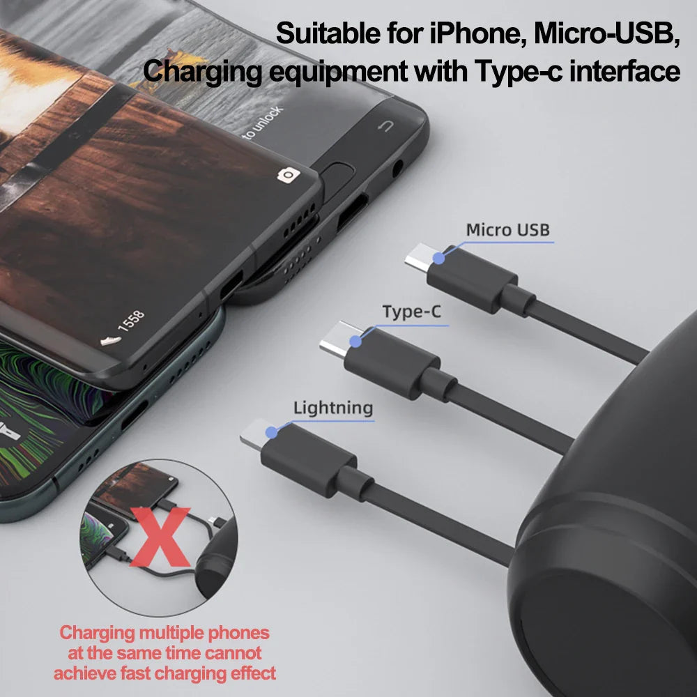 Multi-Port Car Charger | 3-in-1 Retractable Charging Hub