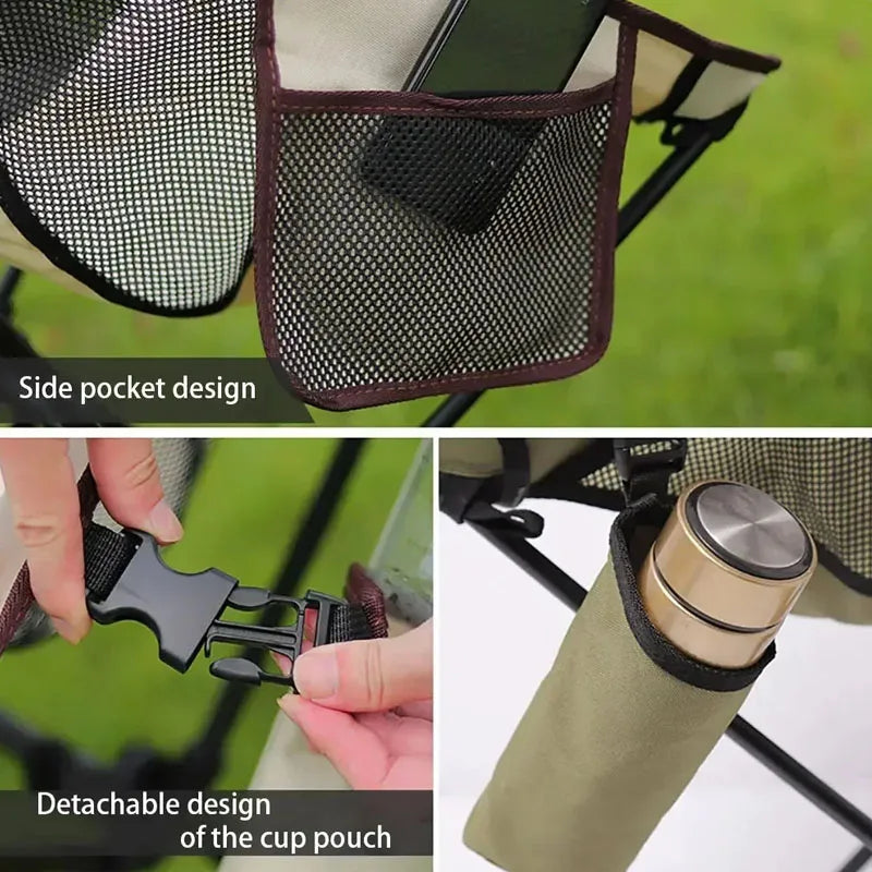 Portable Outdoor Chair with Headrest & Side Storage Bag - Easy Camping Picnic Use.