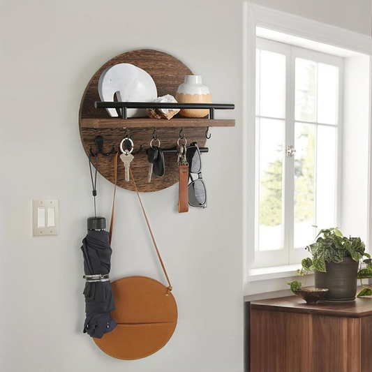 Modern Wall Key Holder | Round Wood Shelf With Hooks