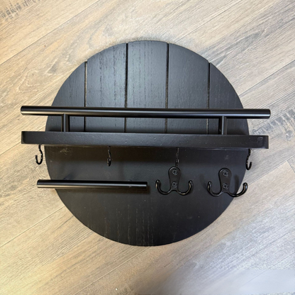 Modern Wall Key Holder | Round Wood Shelf With Hooks