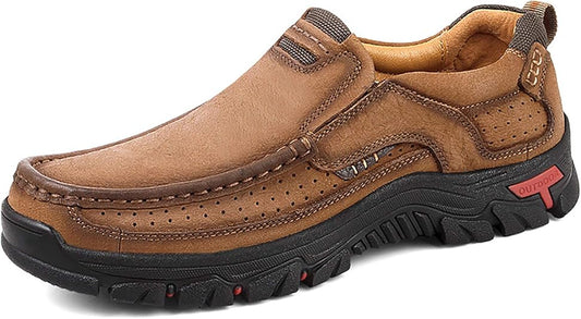 Men’s Leather Walking Sneakers – Breathable Handmade Loafers with Cushion Insole & Anti-Slip Sole