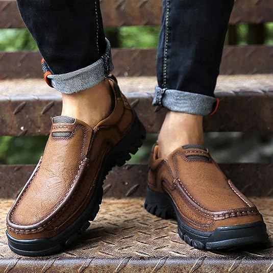 Men’s Leather Walking Sneakers – Breathable Handmade Loafers with Cushion Insole & Anti-Slip Sole