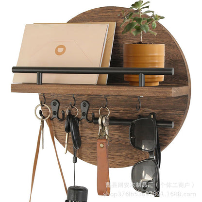 Modern Wall Key Holder | Round Wood Shelf With Hooks