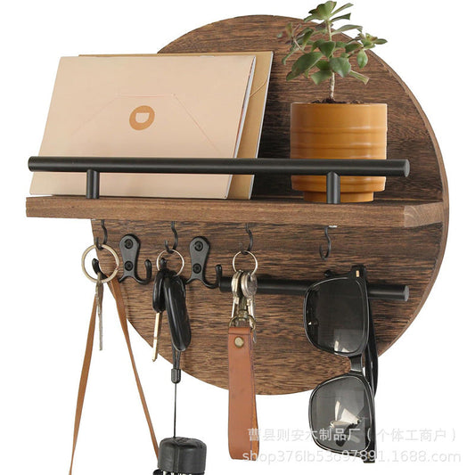 Modern Wall Key Holder | Round Wood Shelf With Hooks