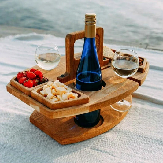 Portable Wine Table | Hardwood Serving Board With Glass Holders