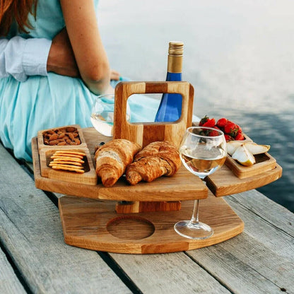Portable Wine Table | Hardwood Serving Board With Glass Holders