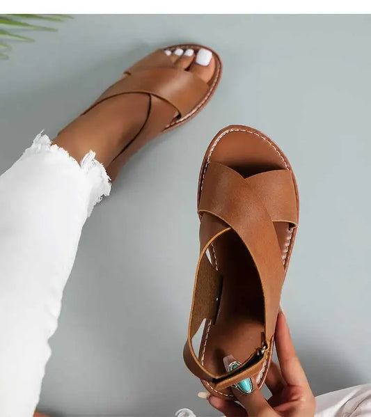 Women’s Summer Flat Sandals 2025 – Soft PU Leather, Open Toe, Buckle Strap