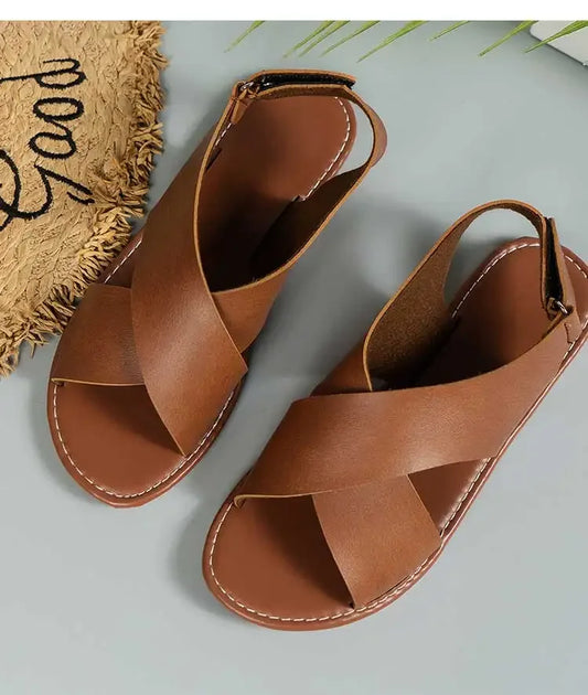 Women’s Summer Flat Sandals 2025 – Soft PU Leather, Open Toe, Buckle Strap