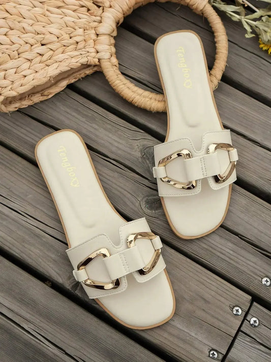 Women’s Flat Slide Sandals – Metal Decor, Open Toe