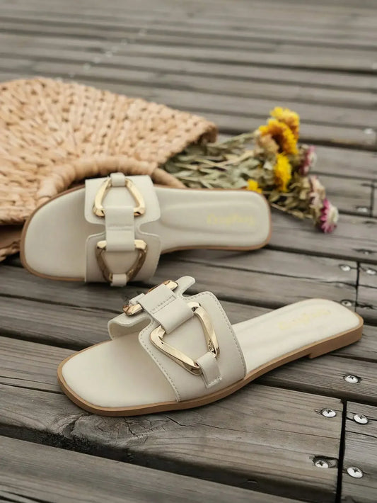 Women’s Flat Slide Sandals – Metal Decor, Open Toe