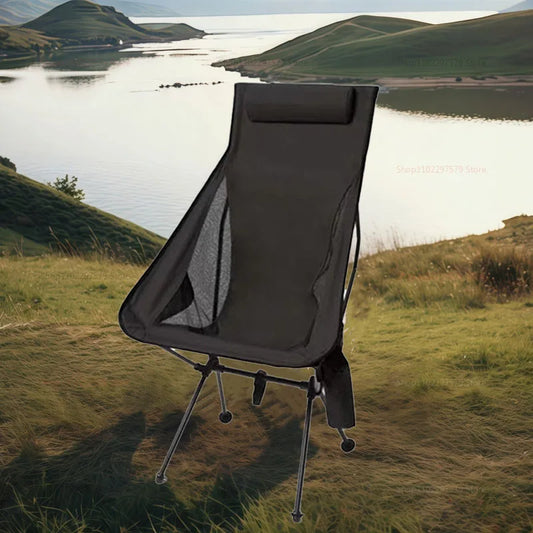 Portable Outdoor Chair with Headrest & Side Storage Bag - Easy Camping Picnic Use.