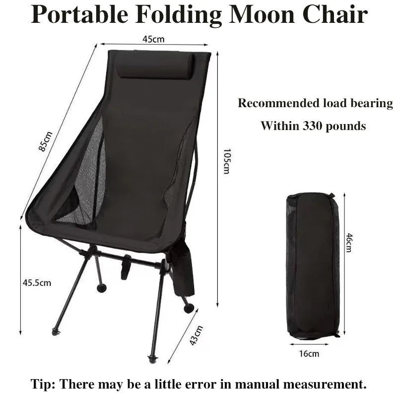 Portable Outdoor Chair with Headrest & Side Storage Bag - Easy Camping Picnic Use.